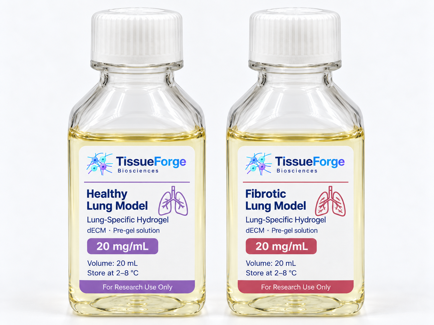 TissueForge research-kit packaging: Healthy Lung Model with a purple label and Fibrotic Lung Model with a coral label.